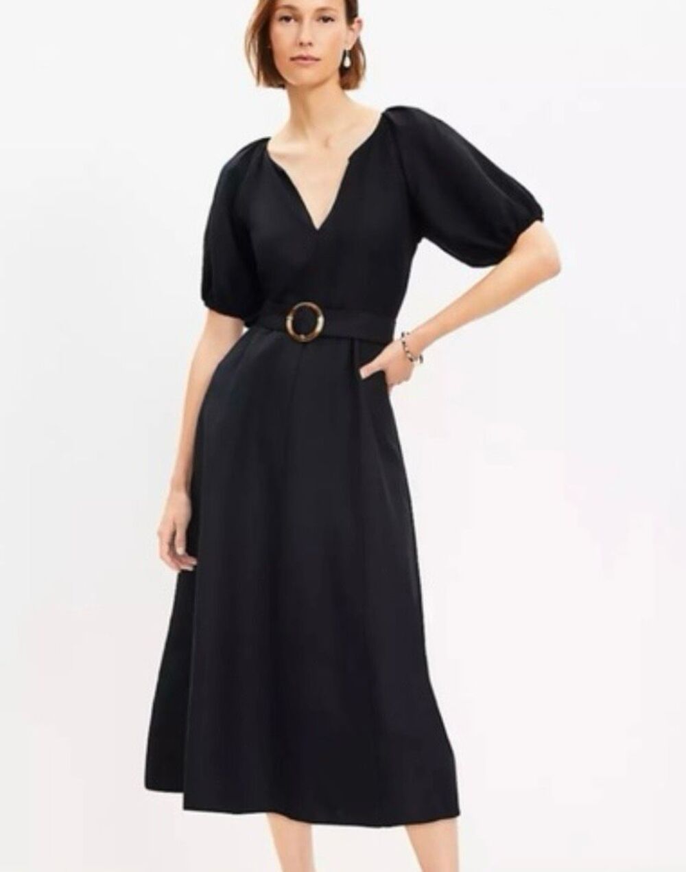 Loft NWT linen blend notch neck belted midi dress 6